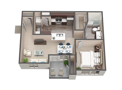 A 3D floor plan of a house with a kitchen, living room, dining room, and bathroom.